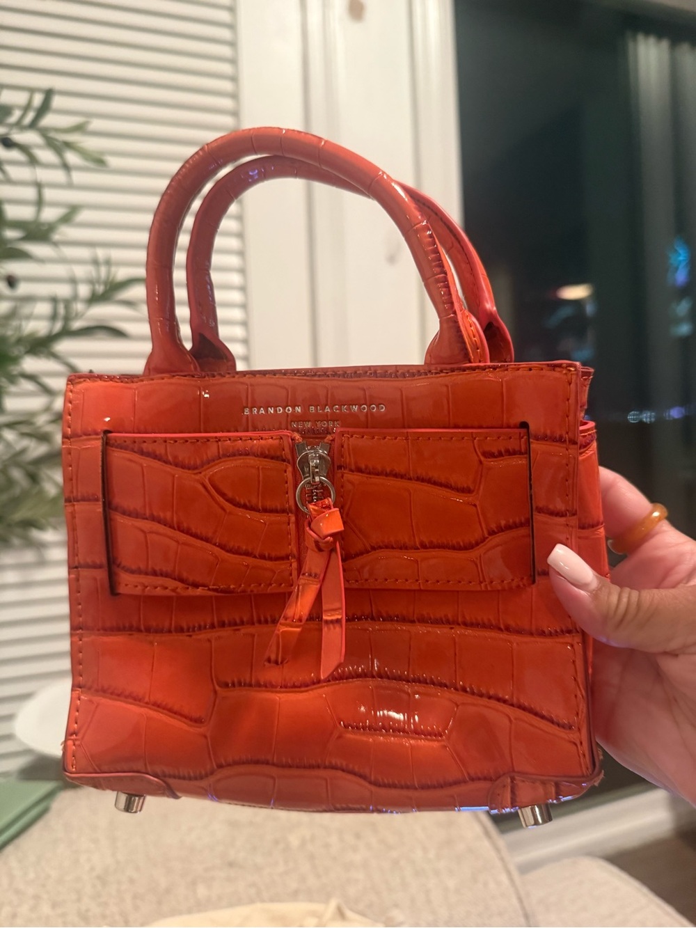 Brandon Blackwood Glossy Orange Croc-Embossed Mini Satchel